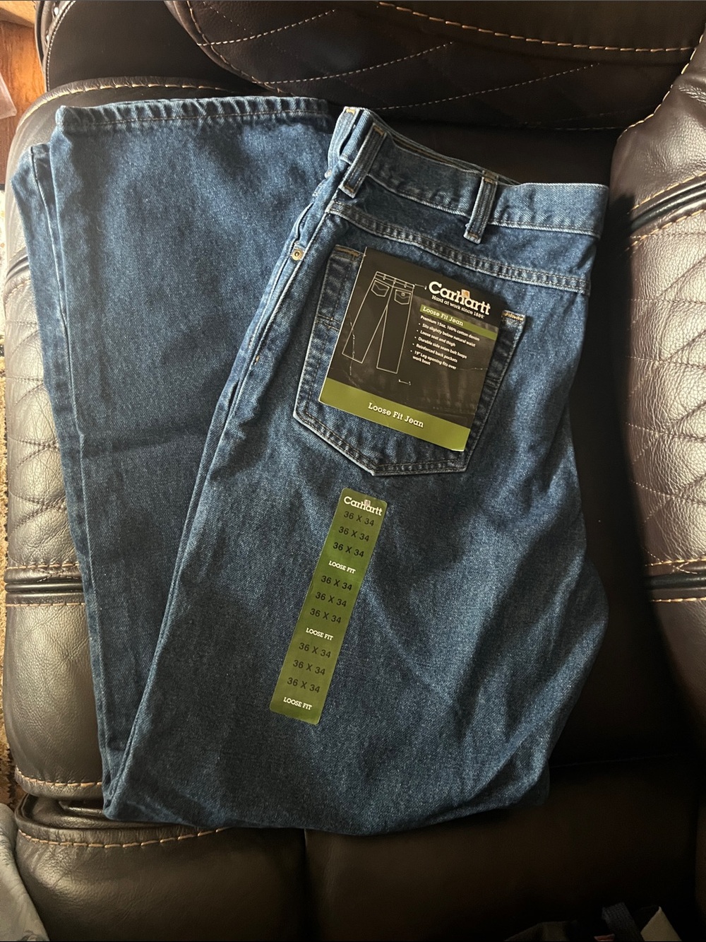 Men’s Carhartt Denim Loose Fit Jeans, 36 X 34, Leather Patch NEW with tags